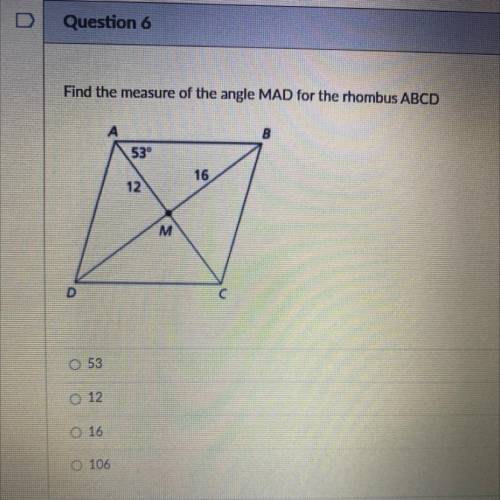 Find the measure of the angle MAD for the rhombus ABCD?