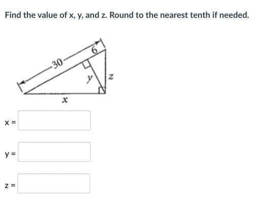 Please Help ASAP
Find the value of x, y, and z. Round to the nearest tenth if needed.