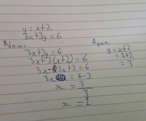 У = х + 2
3х + Зу = 6
solve system by substitution