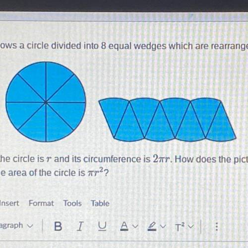The picture shows a circle divided into 8 equal wedges which are rearranged.

The radius of the c