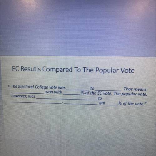 EC Resutls Compared To The Popular Vote

• The Electoral College vote was
won with
however, was
to