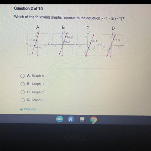 Which of the following graphs represents the equation y- 4 = 3(x - 1)?

A. Graph A
B. Graph B
C. G