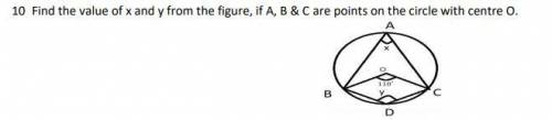Find the value of x and y from the figure, if A, B & C are points on the circle with centre O.