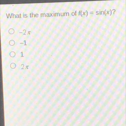 What is the maximum of f(x) = sin(x)?
0 -21
O -1
O 1
o 20