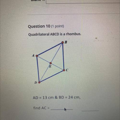 Quadrilateral ABCD is a rhombus.
AD = 13 cm & BD = 24 cm,
find AC