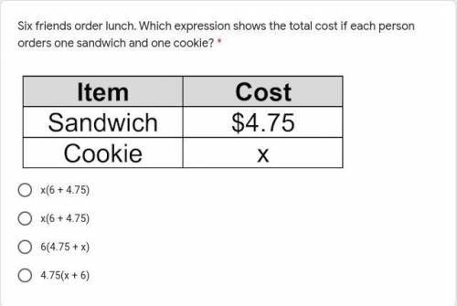 Six friends order lunch. Which expression shows the total cost if each person orders one sandwich a