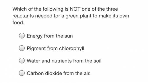Which of the following is NOT one of the three reactants needed for a green plant to make its own f