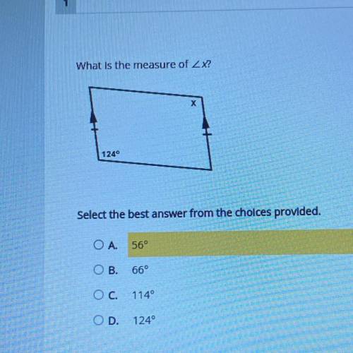 What is the measure of 2X?

х
1240
Select the best answer from the choices provided.
A.56 
B.66
C.
