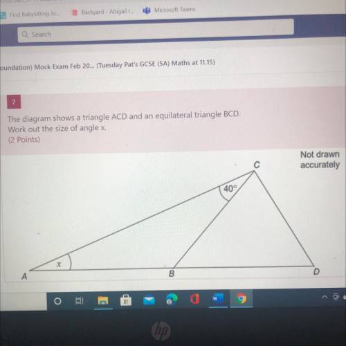 The diagram shows a triangle ACD and an equilateral triangle BCD.

Work out the size of angle x.
(