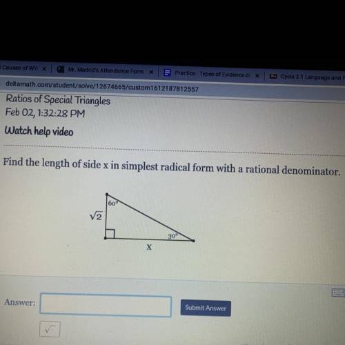 HELPPPP !! Find the length of side x in simplest radical form with a rational denominator.

60°
30