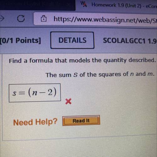 Find a formula that models the quantity described.
The sum S of the squares of n and m.