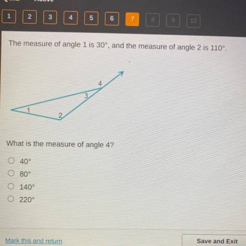 The measure of angle 1 is 30°, and the measure of angle 2 is 110°

3
What is the measure of angle