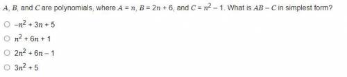 A, B, and C are polynomials, where A=n, B=2n+6, and C=n^2-1. What is AB-C in simplest form?