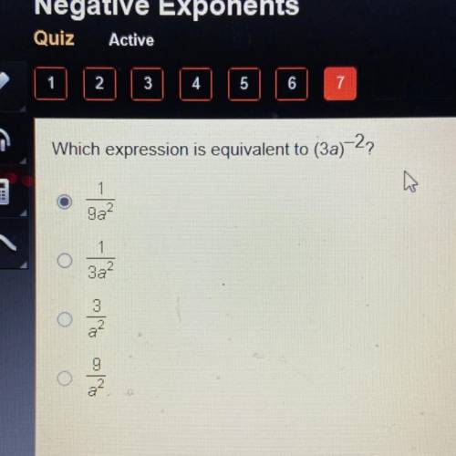 Which expression is equivalent to (3a)^-2
1/9a^2
1/3a^2
3/a^2
9/a^2