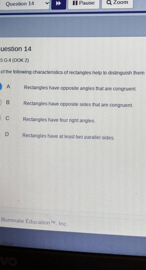 Which of the following characteristics of rectangles help to distinguish them from parallelograms?