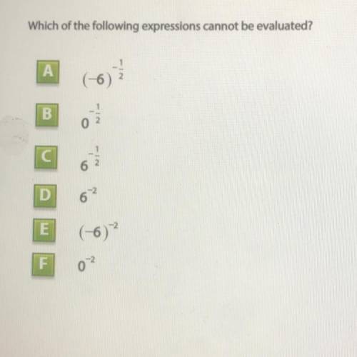 Which of the following expressions cannot be evaluated?

А
(-6)
B
o
6
D
6
(-6) ²
F
0
EN