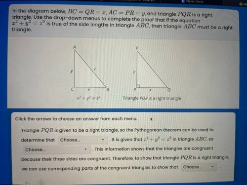 In the diagram below, BC = QR=x, AC = PR=y, and triangle PQR is a right triangle. Use the drop-down