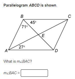 Parallelogram ABCD is shown.
What is m∠BAC?