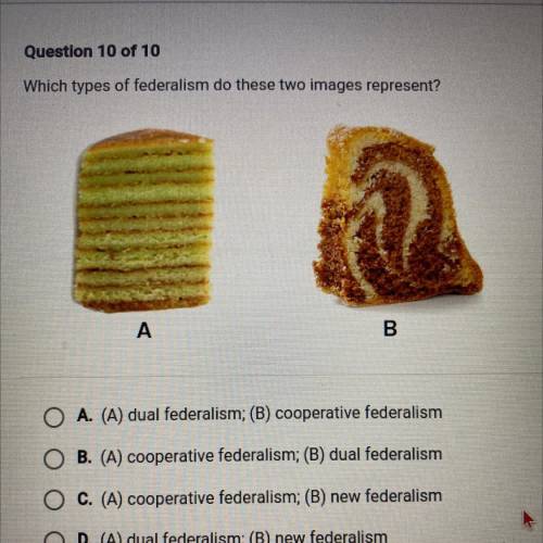 Which types of federalism do these two images represent?
 

A
B
A. (A) dual federalism; (B) coopera