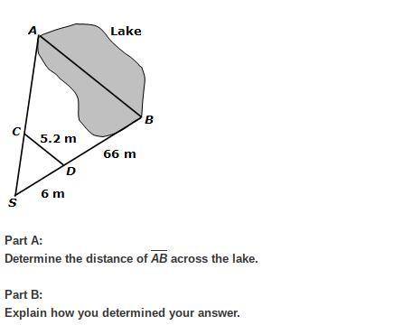 A surveyor, located at point S, wants to determine the distance across a lake, AB. The surveyor est