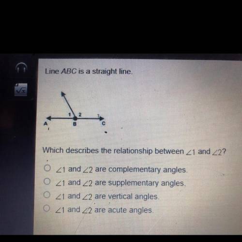 Line ABC is a straight line.

Which describes the relationship between 21 and Z2?
O 21 and 22 are
