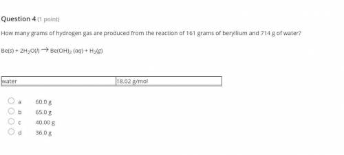 How many grams of hydrogen gas are produced from the reaction of 161 grams of beryllium and 714 g o