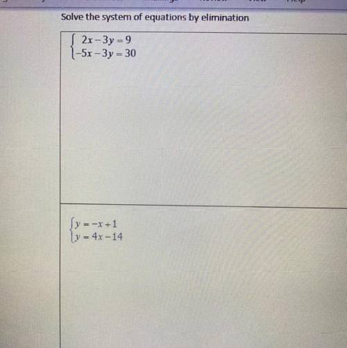 Q - Solve the system of equations by elimination

P #1 - { 2x - 3y = 9
{-5x - 3y = 30
~~~~~~~~~~~