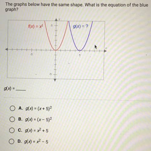The graphs below have the same shape. What is the equation of the blue

graph?
f(x) = x²
g(x) = ?