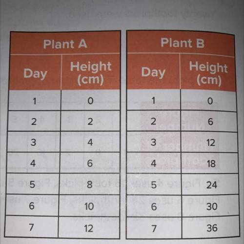 The tables show the height in

centimeters each plant grew during a week. Assume the patterns cont