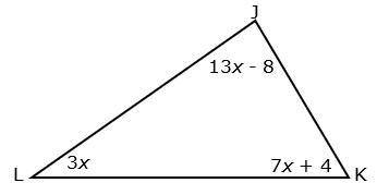 Find the value of x, and then use that value to determine each angle measure of the triangle.

x =