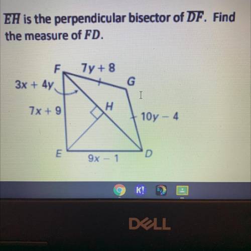 EH is the perpendicular bisector of DF. Fine the measure of FD.
