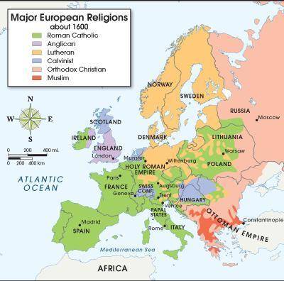Using the map below, entitled Major European Religions about 1600, to answer the following questi