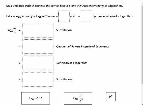 Drag and drop each choice into the correct box to prove the Quotient Property of Logarithms.