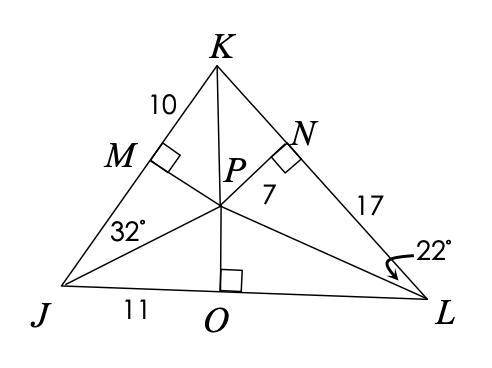 If P is the incenter of triangle JKL, find the measure of angle JLP