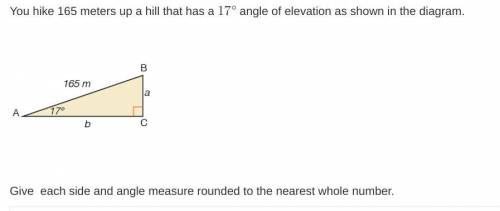 You hike 165 meters up a hill that has a 17 degree angle of elevation as shown in the diagram.

Gi