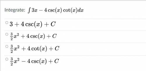 Integrate: LaTeX: \int3x-4\csc\left(x\right)\cot\left(x\right)dx∫ 3 x − 4 csc ⁡ ( x ) cot ⁡ ( x ) d