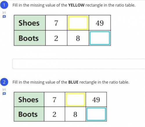 1. Fill in the missing value of the YELLOW rectangle in the ratio table.

2.Fill in the missing va