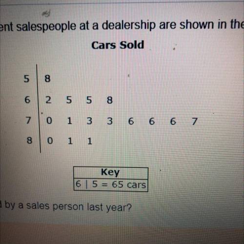 The number of cars sold last year by different salespeople at a deal ship are shown in the stem-and