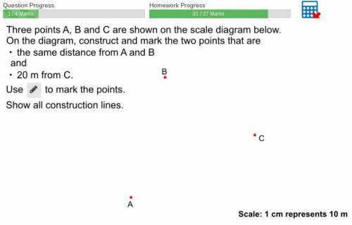 Three points, A, B and C are shown on the scale diagram below. On the diagram, construct and mark t