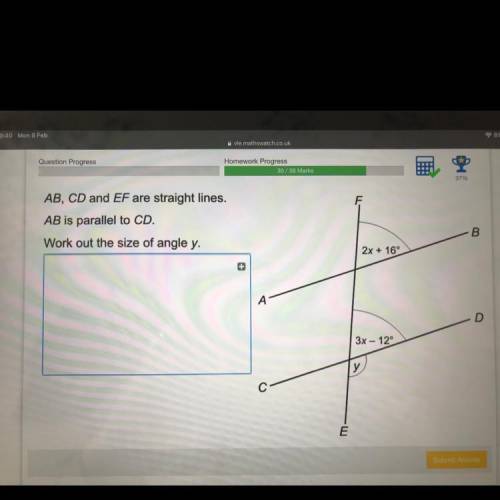 AB, CD and EF are straight lines. 
AB is parallel to CD.
work out the size of angle y.