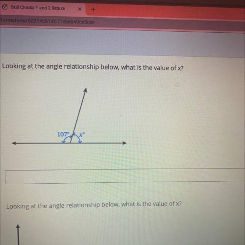 Looking at the angle relationship below, what is the value of x?
Q
107
x