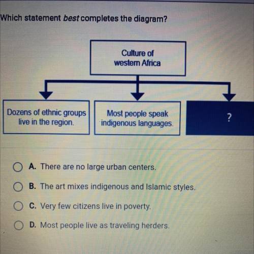 Statement best completes the diagram?

Culture of
western Africa
Dozens of ethnic groups
live in t