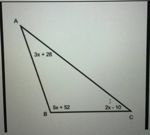 Triangle ABC has angle measures as shown.

(a) What is the value of x? Show your work.
(b) What is