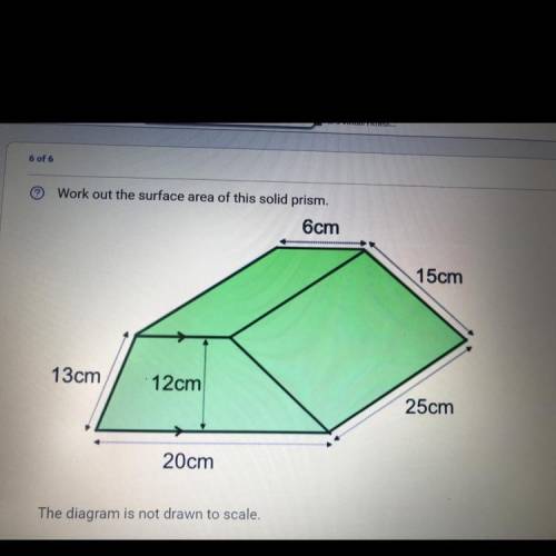 Work out the surface area of this solid prism,

6cm
15cm
13cm
12cm
25cm
20cm
please help! :)