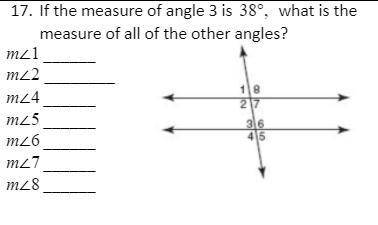 If the measure of angle 3 is 38°, what is the measure of all of the other angles? WILL GIVE EXTRA P