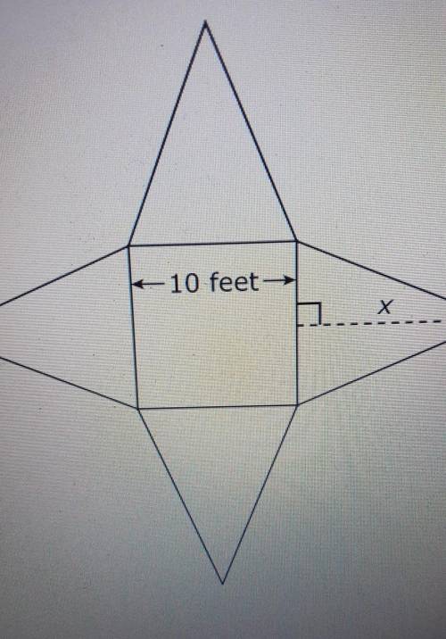 The figure shows a square and 4 congruent isosceles triangles. If the length of leg x is 12 feet, w