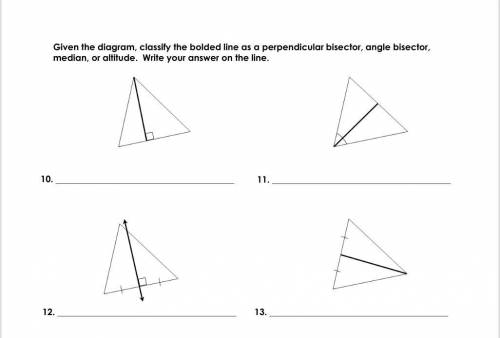 Given the diagram, classify the bolded line as a perpendicular bisector, angle bisector, median, or