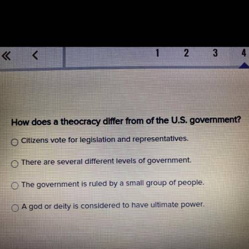 How does a theocracy differ from of the U.S. government?

Citizens vote for legislation and repres