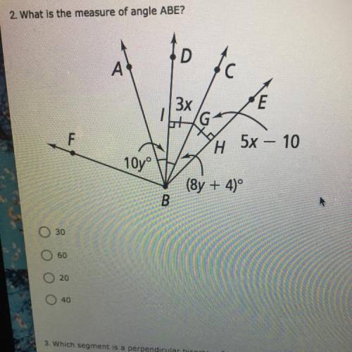 What is the measure of angle ABE? 1. 30, 2. 60, 3. 20, 4. 40