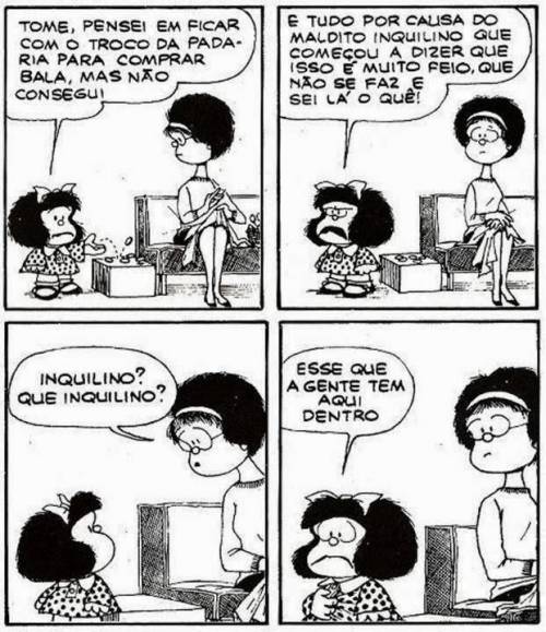 Na tirinha, a personagem Mafalda apresenta uma vivência dela. A partir disso, associe o fato aprese